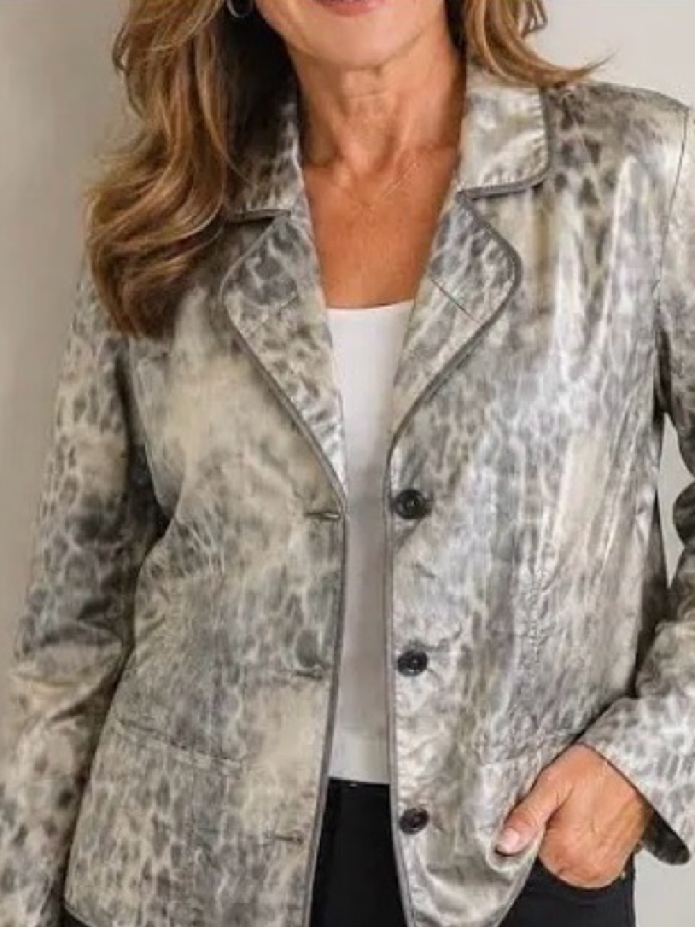 Womens Silver Animal-Print Satin Blazer Jacket Mob Wife Statement Career Evening
